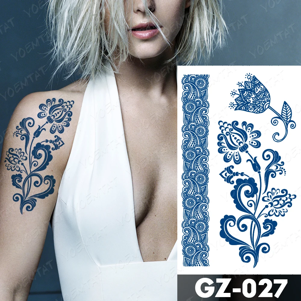 Elegant Blue Floral Temporary Tattoo