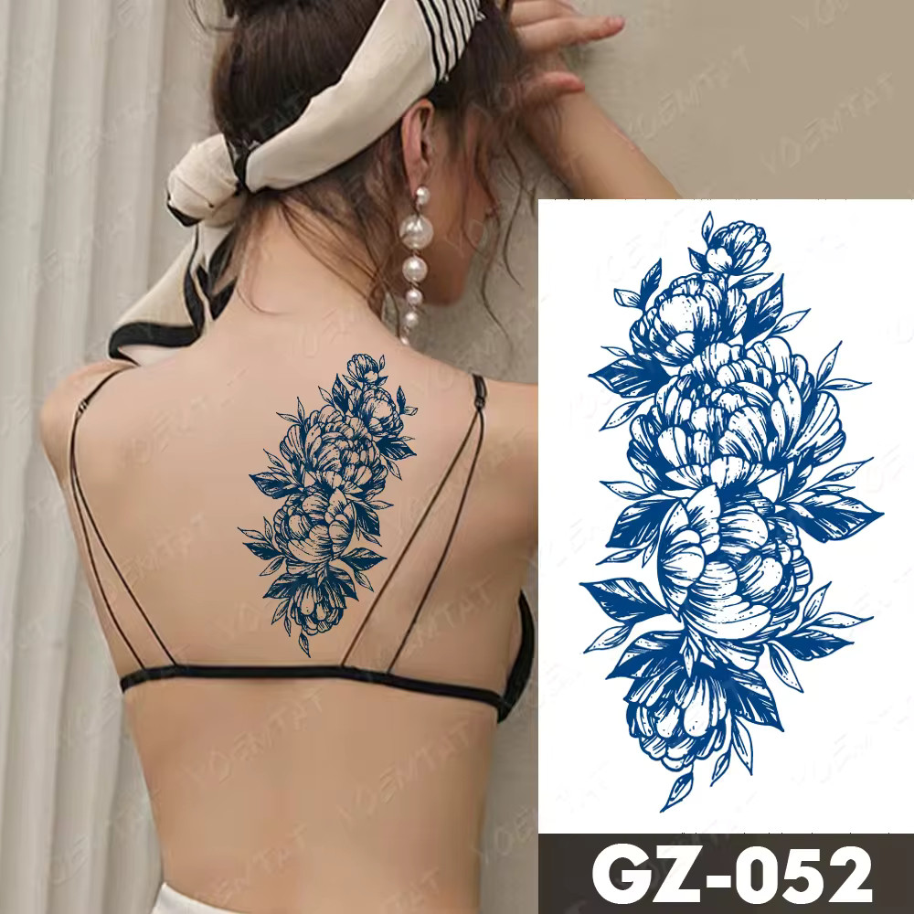 Luxurious peony cascade tattoo in blue ink