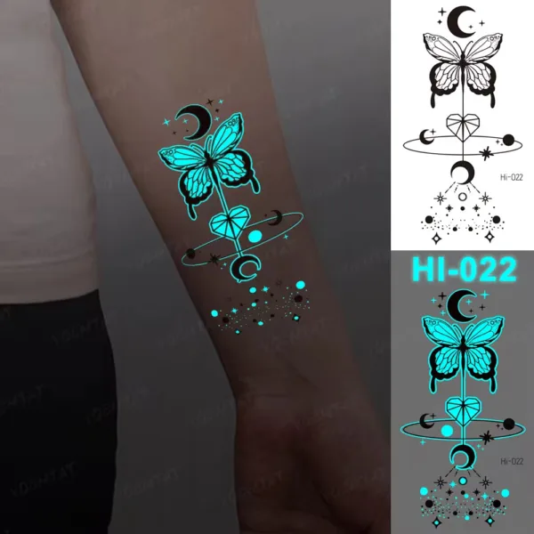 Mystic Butterfly Orbit Glow-In-The-Dark Temporary Tattoo featuring a luminous butterfly with celestial elements.