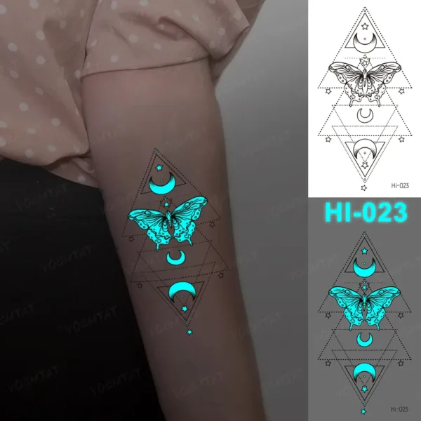 Celestial Butterfly Glow-In-The-Dark Temporary Tattoo with glowing butterfly and geometric design.