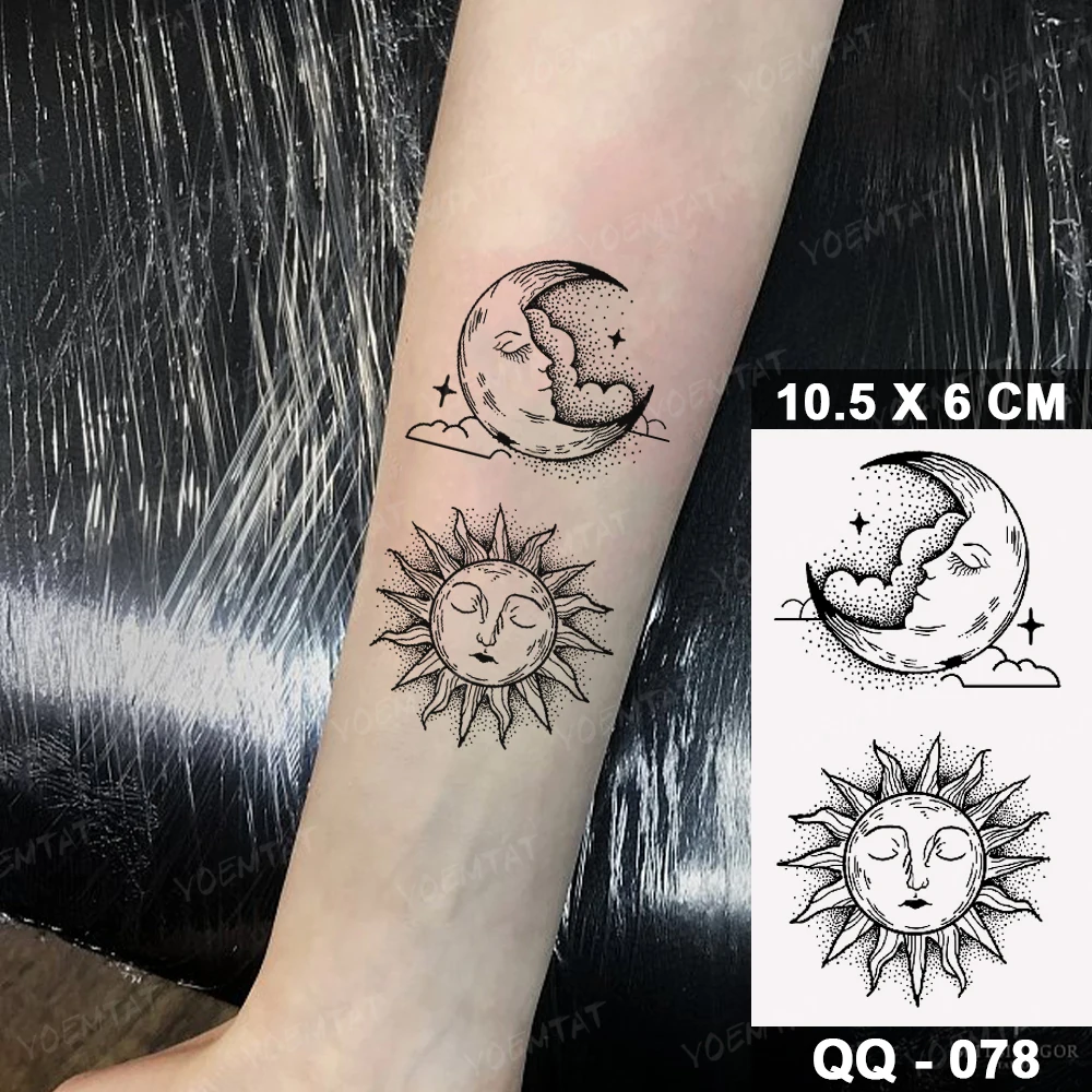 Illustrative temporary tattoo of the sun and moon in a delicate embrace, symbolizing cosmic balance.