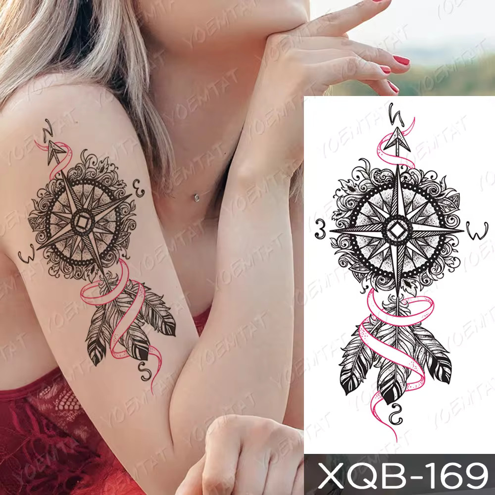 Windswept Compass & Feather Temporary Tattoo