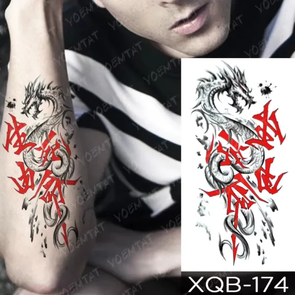 Fierce dragon with red runes temporary tattoo on the upper arm.