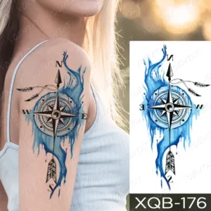 Nautical Compass & Watercolor Feather Temporary Tattoo