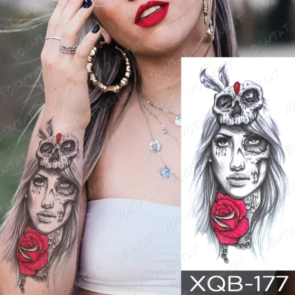 A gothic maiden with a rose and skull temporary tattoo on the arm.