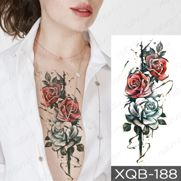 Exquisite Watercolour Roses temporary tattoo on the sternum area