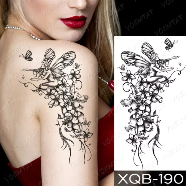 Fairy Blossom black and grey temporary tattoo on the shoulder