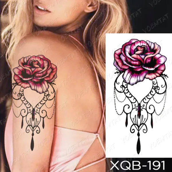 Lace and magenta rose design temporary tattoo on the shoulder