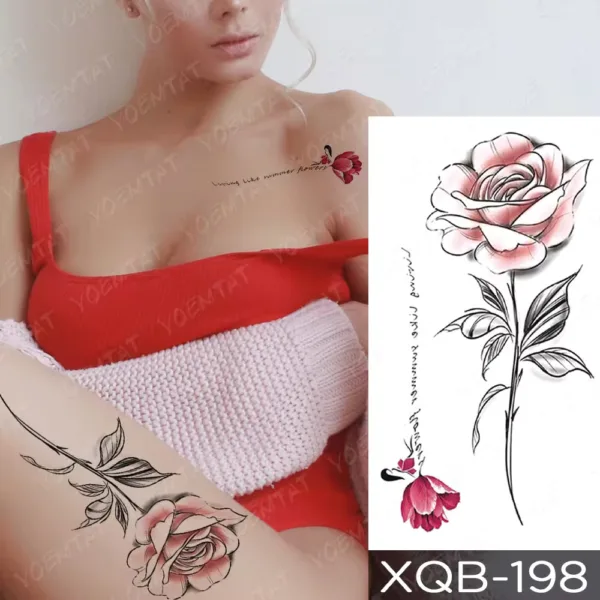 Elegant temporary tattoo of a rose silhouette with soft pink and crimson hues on the skin