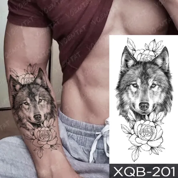 Lone Wolf & Roses temporary tattoo on the forearm