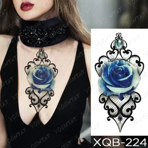 Majestic Blue Rose Jewel Temporary Tattoo on a Woman's Chest