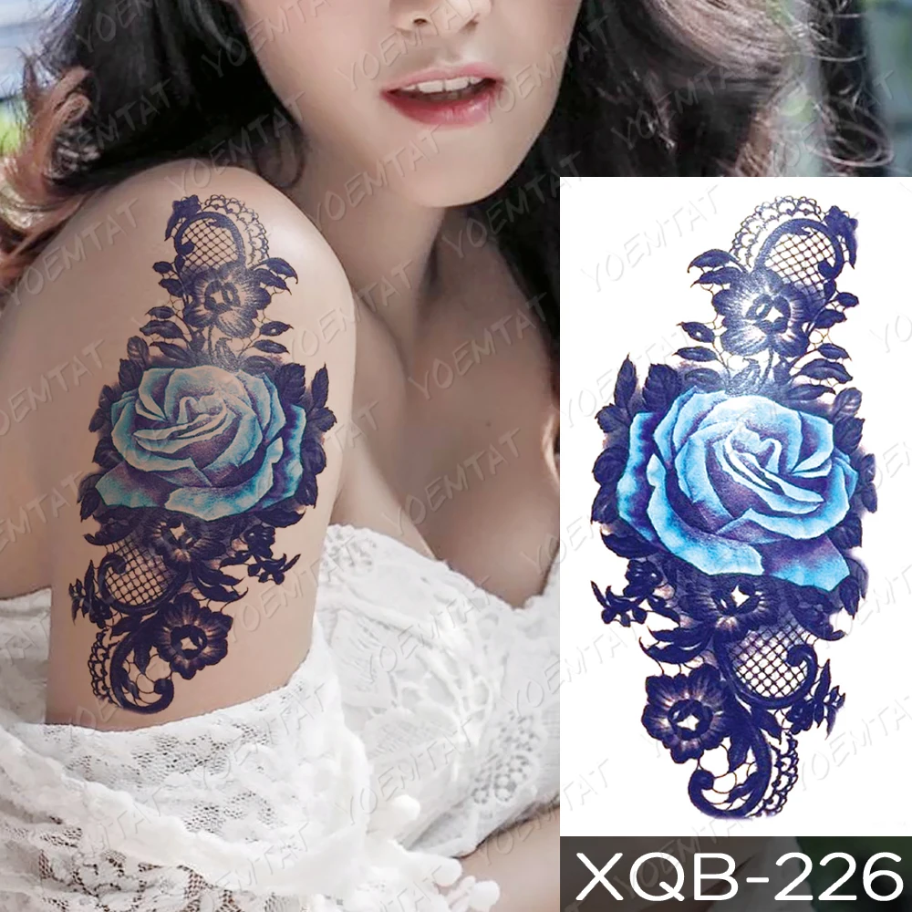 Vintage Blue Rose Lace Temporary Tattoo