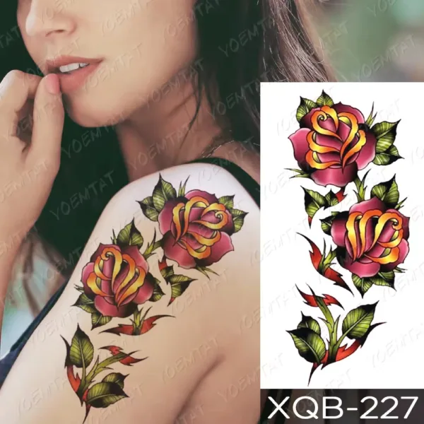 Woman showcasing a Blushing Rose temporary tattoo on her chest.