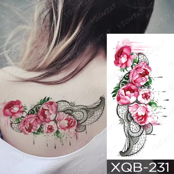Pink peonies with lace design temporary tattoo