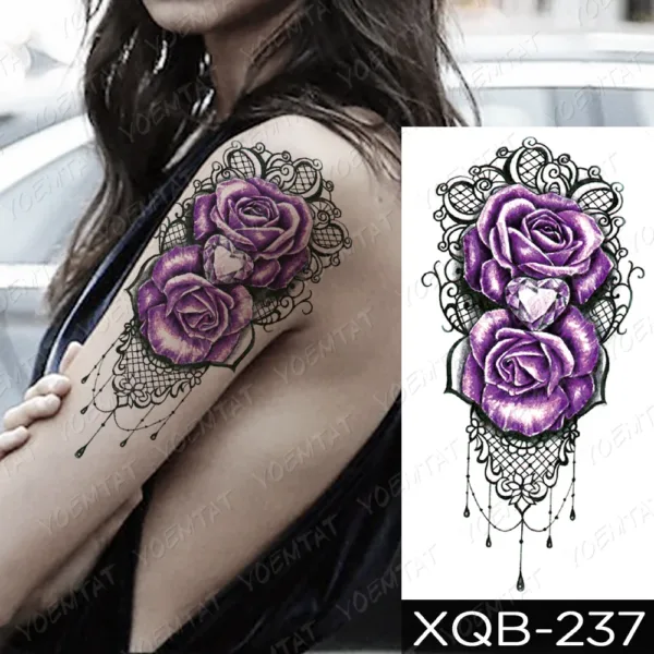 Purple Roses with Gothic Lace Design Temporary Tattoo