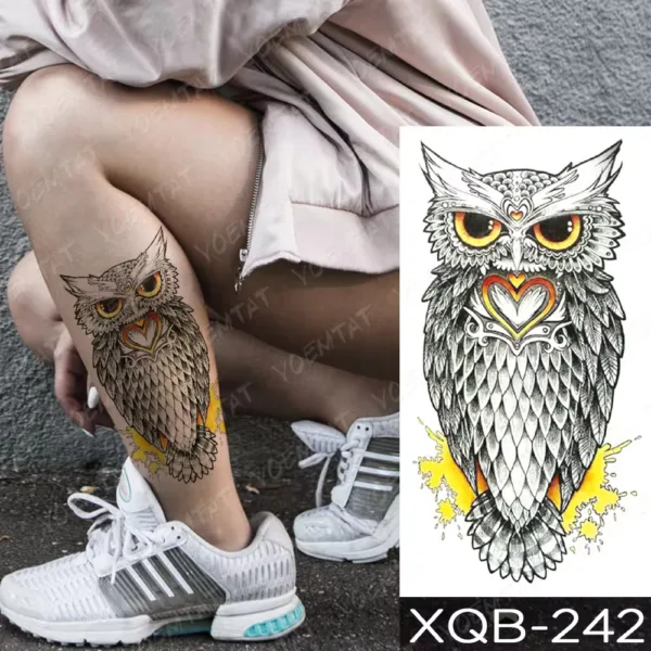 Intricate Owl Temporary Tattoo with Golden Highlights