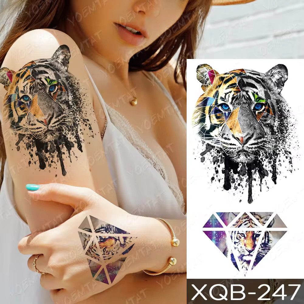 Geometric Tiger & Diamond Splatter Temporary Tattoo