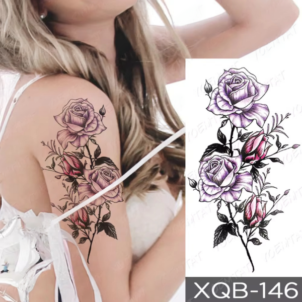 Temporary chest tattoo for ladies featuring fantasy script intertwined with vibrant floral designs.