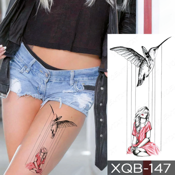 Whimsical Hummingbird and Girl Ink Fusion Temporary Leg Tattoo