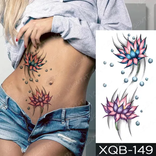 Medium-sized temporary tattoo of a multicolour lotus bloom with floating orbs.