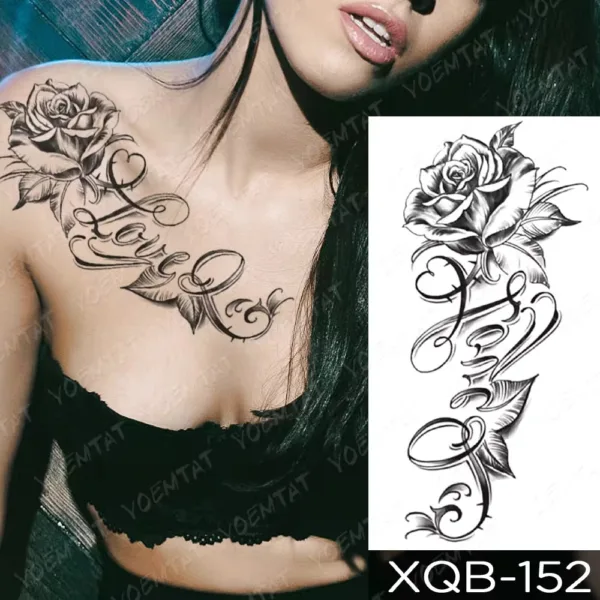 Medium-sized temporary chest tattoo featuring a black and grey rose with "Love" script design.