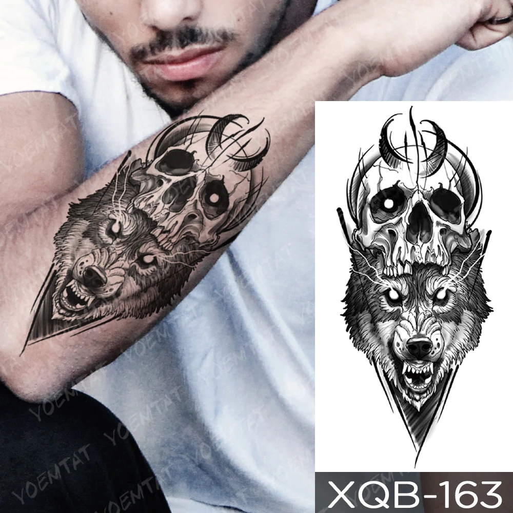 Mystic Wolf and Skull Temporary Tattoo
