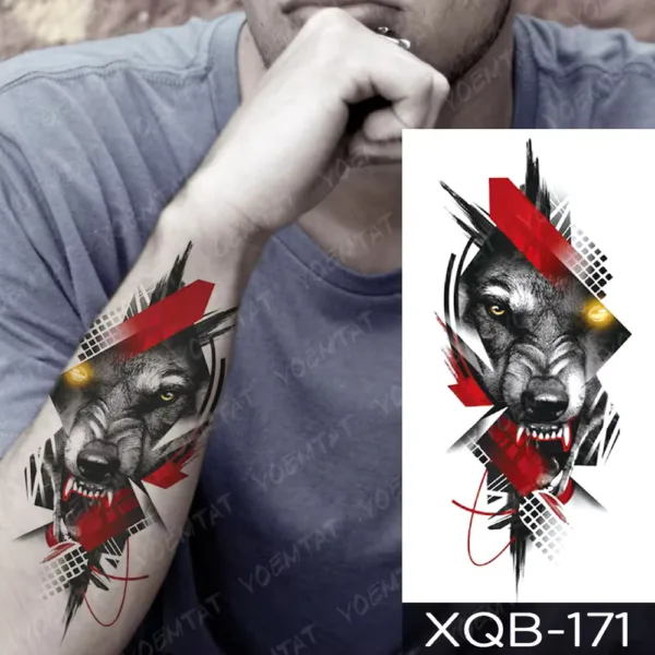 A temporary tattoo of a geometric wolf in a rage on a person's arm.