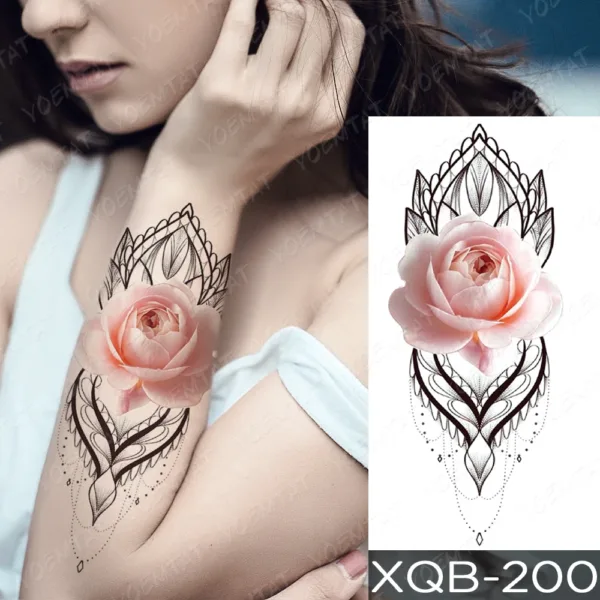 Geometric Rose Elegance temporary tattoo on upper arm