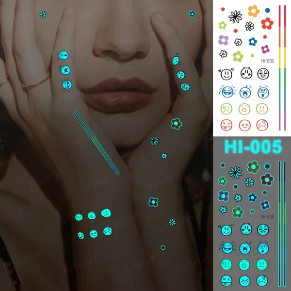 Close-up of glow-in-the-dark temporary tattoos featuring emoji and flower designs on a woman's hands and face.