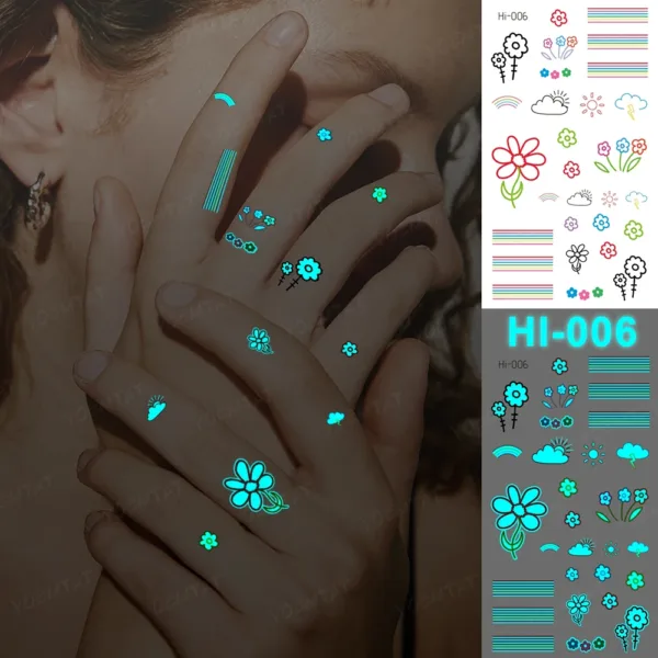 Glow-in-the-dark temporary tattoos featuring cartoon flowers and weather symbols on a woman's hand.
