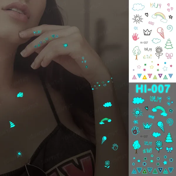 A collection of small glow-in-the-dark temporary tattoos displayed on a woman's hands.