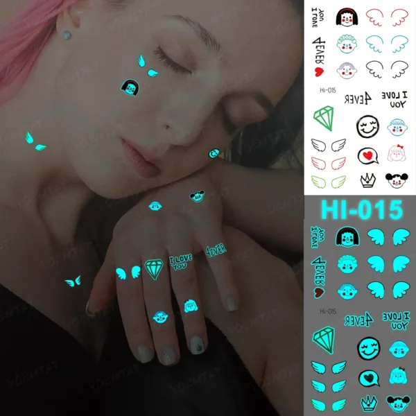 A variety of glow-in-the-dark temporary tattoos featuring cute and fun designs, suitable for all ages, features a variety of designs, including cute emojis, angel wings, diamonds, hearts, and playful phrases like "I LOVE YOU" and "4EVER".