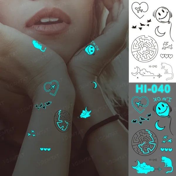 Whimsical glow-in-the-dark temporary tattoos featuring designs like a cat, maze, and crescent moon.