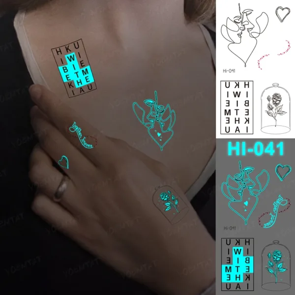 Romantic glow-in-the-dark temporary tattoos featuring designs like intertwined faces, roses, and hidden messages.