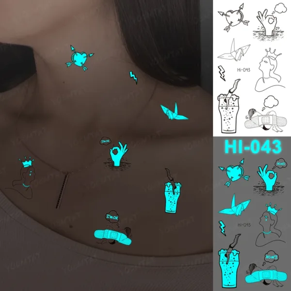 Playful glow-in-the-dark temporary tattoos featuring designs like I'M OK gestures, paper planes, and beer.