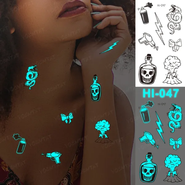 Edgy glow-in-the-dark temporary tattoos featuring designs like skulls, volcanoes, and spray cans.