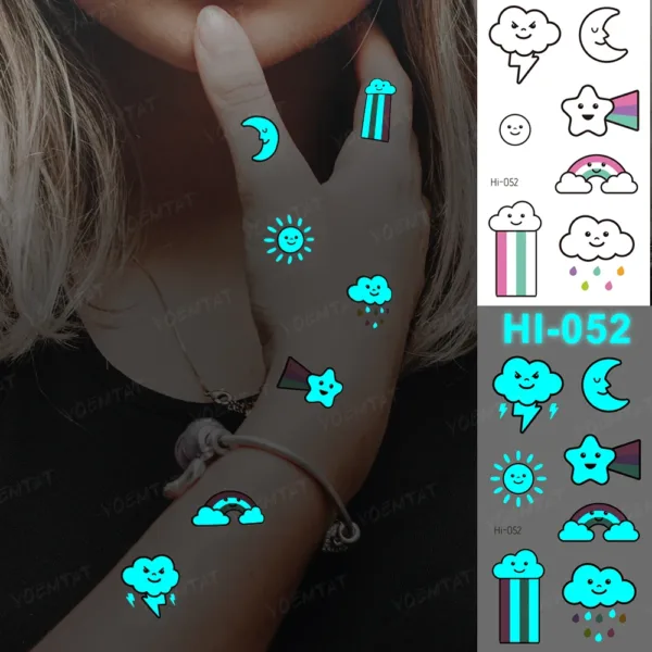 Fun glow-in-the-dark temporary tattoos featuring weather and sky emoji designs like sun, moon, and rainbow.